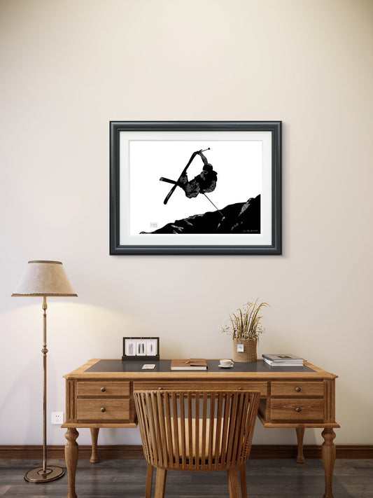 The Freeskier uten ramme – dynamisk friski-motiv med følelse av fullstendig frihet, digitalt kunstprint av HareideART