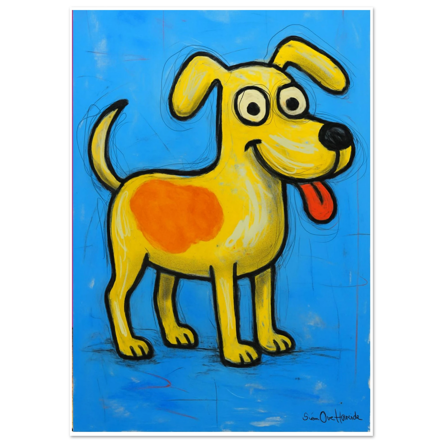 Den glade hunden – fargerikt dyrekunstverk med en glad og logrende hund full av energi og glede, kunstprint av HareideART
