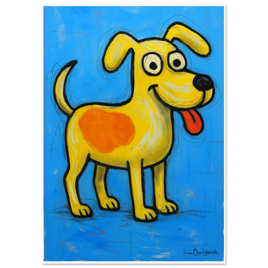 Den glade hunden – fargerikt dyrekunstverk med en glad og logrende hund full av energi og glede, kunstprint av HareideART