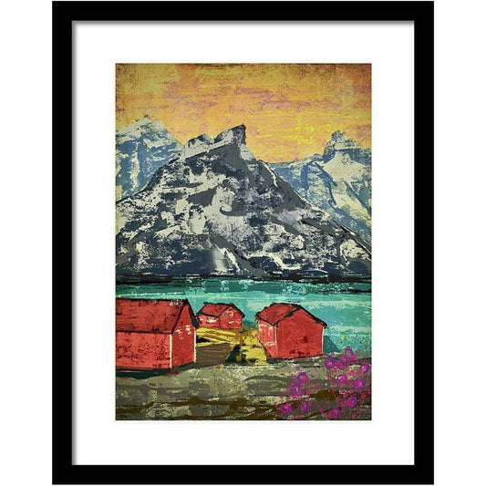 Tre naust i Lofoten – klassisk lofotmotiv med røde rorbuer og stille fjordspeil, kunstprint av HareideART