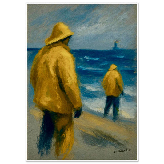 Brødre ved havet – nordnorsk figurativt kystlivsmotiv med to brødre i nærhet ved havkanten, kunstprint av HareideART