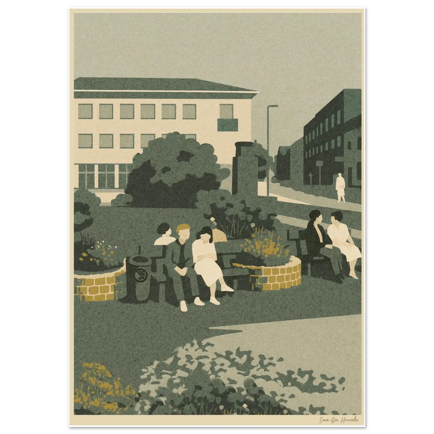 Vintage Narvik Kikindas plass – retro kunstprint av Torvhalltaket med folk, roser og stille byliv, kunstprint av HareideART