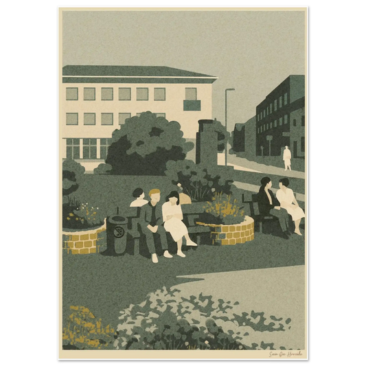 Vintage Narvik Kikindas plass – retro kunstprint av Torvhalltaket med folk, roser og stille byliv, kunstprint av HareideART
