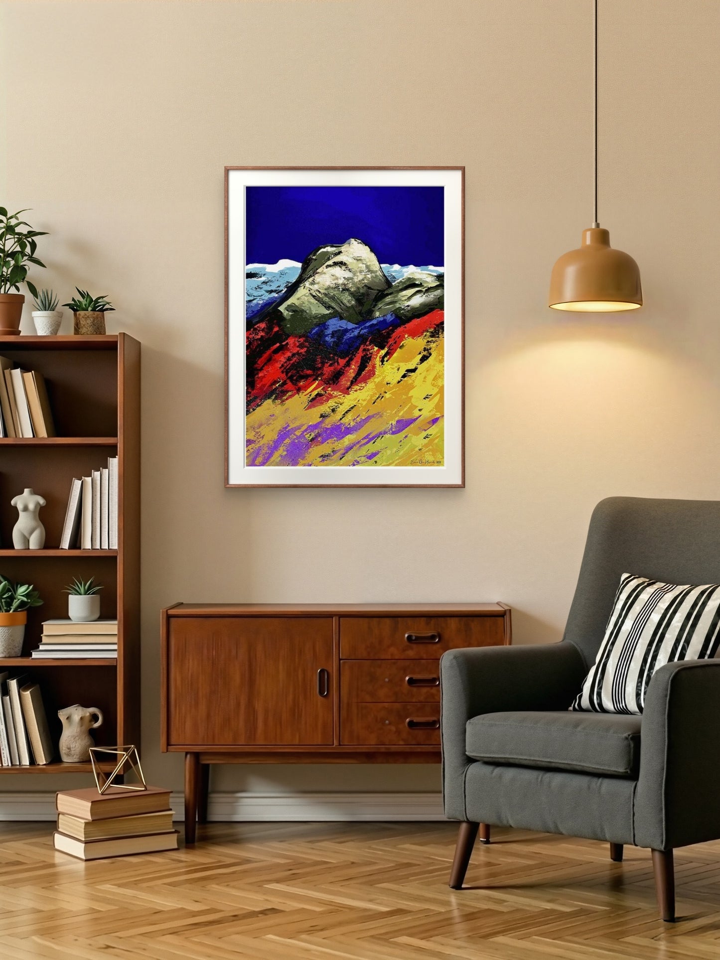 Vårlandskap i fjellet – abstrakt fjellandskap med friske grønn- og blåtoner og nordnorsk vårstemning, kunstprint av HareideART