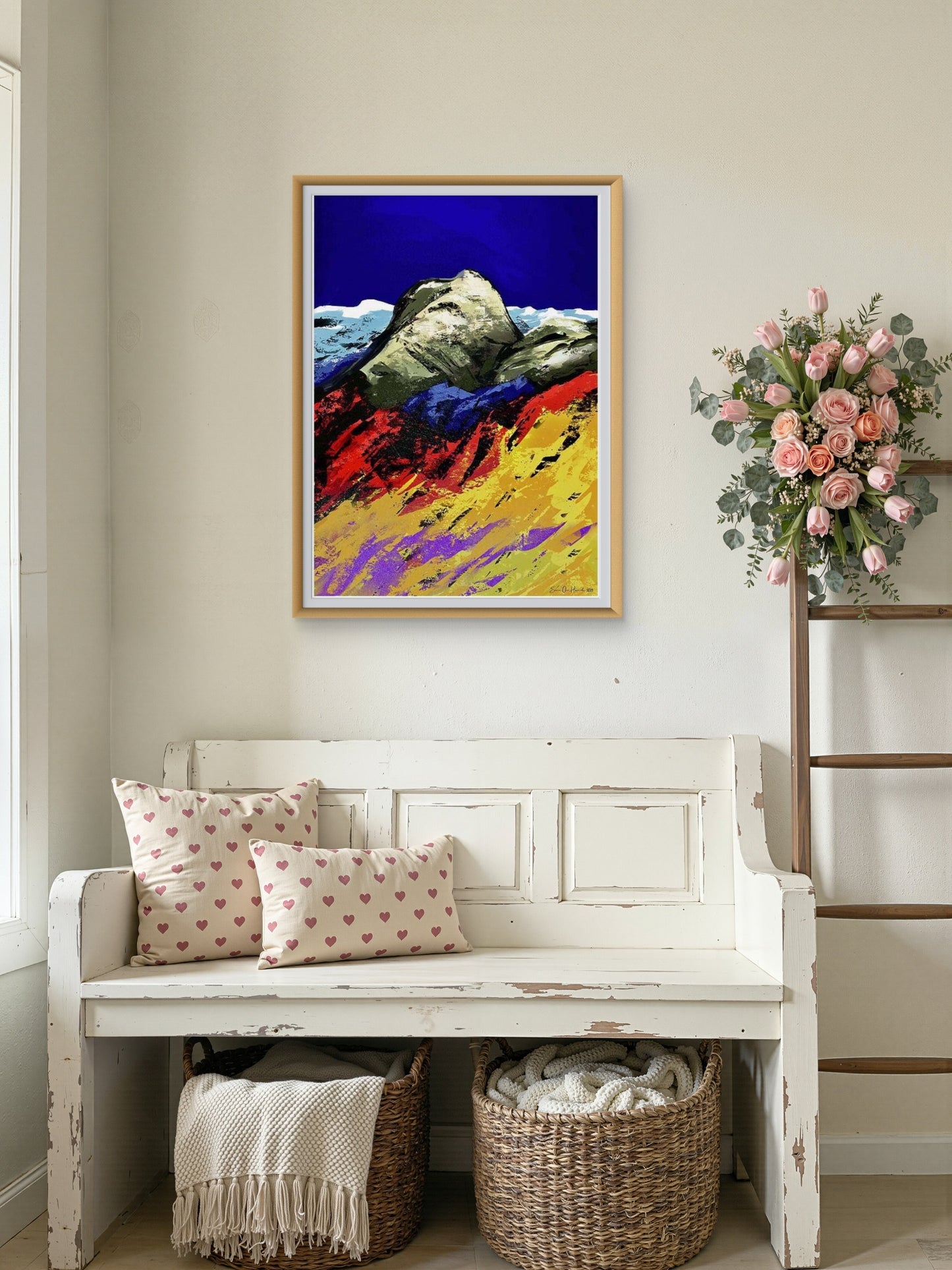 Vårlandskap i fjellet – abstrakt fjellandskap med friske grønn-kunstprint av HareideART