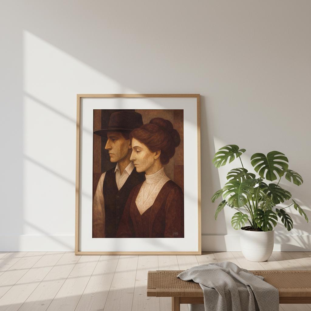 Vintage portrett av mann og kvinne – klassisk par-portrett i tidløs stil med nostalgisk og elegant preg, kunstprint av HareideART