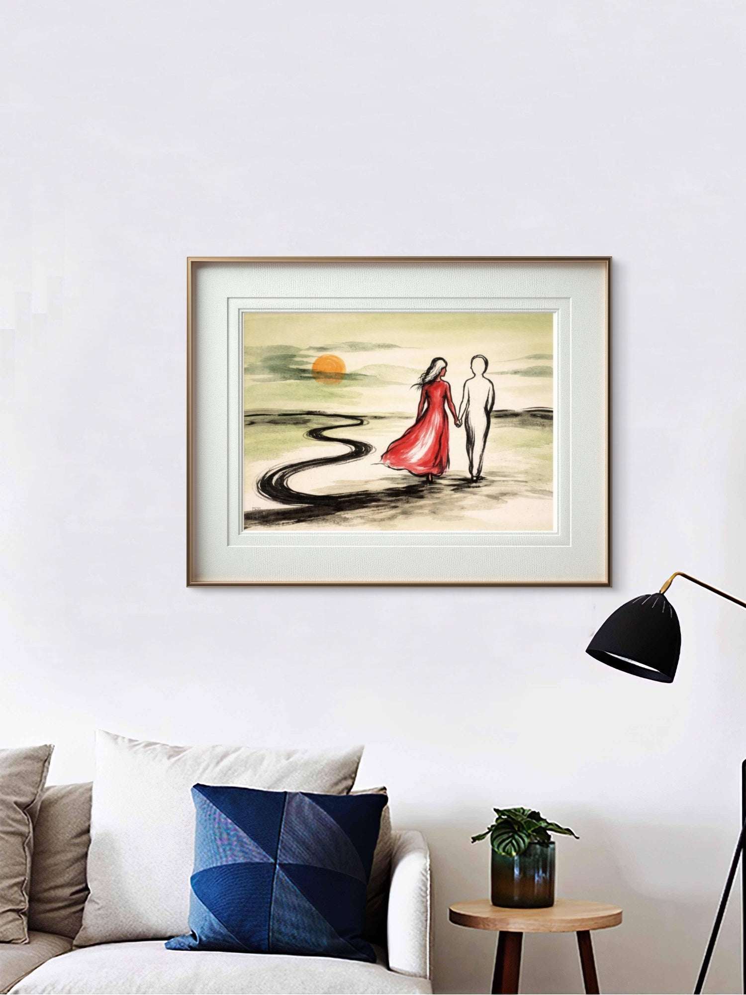 Walking Together at Sunset – Romantisk Akvarellprint - HareideART