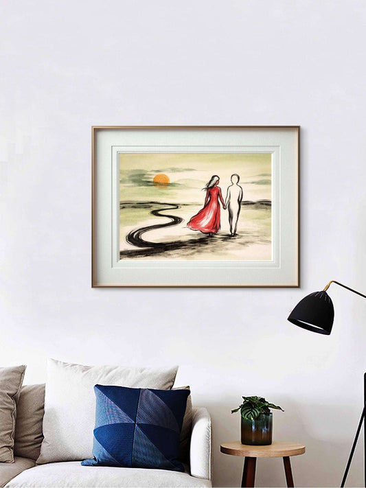 Walking Together at Sunset – Romantisk Akvarellprint - HareideART