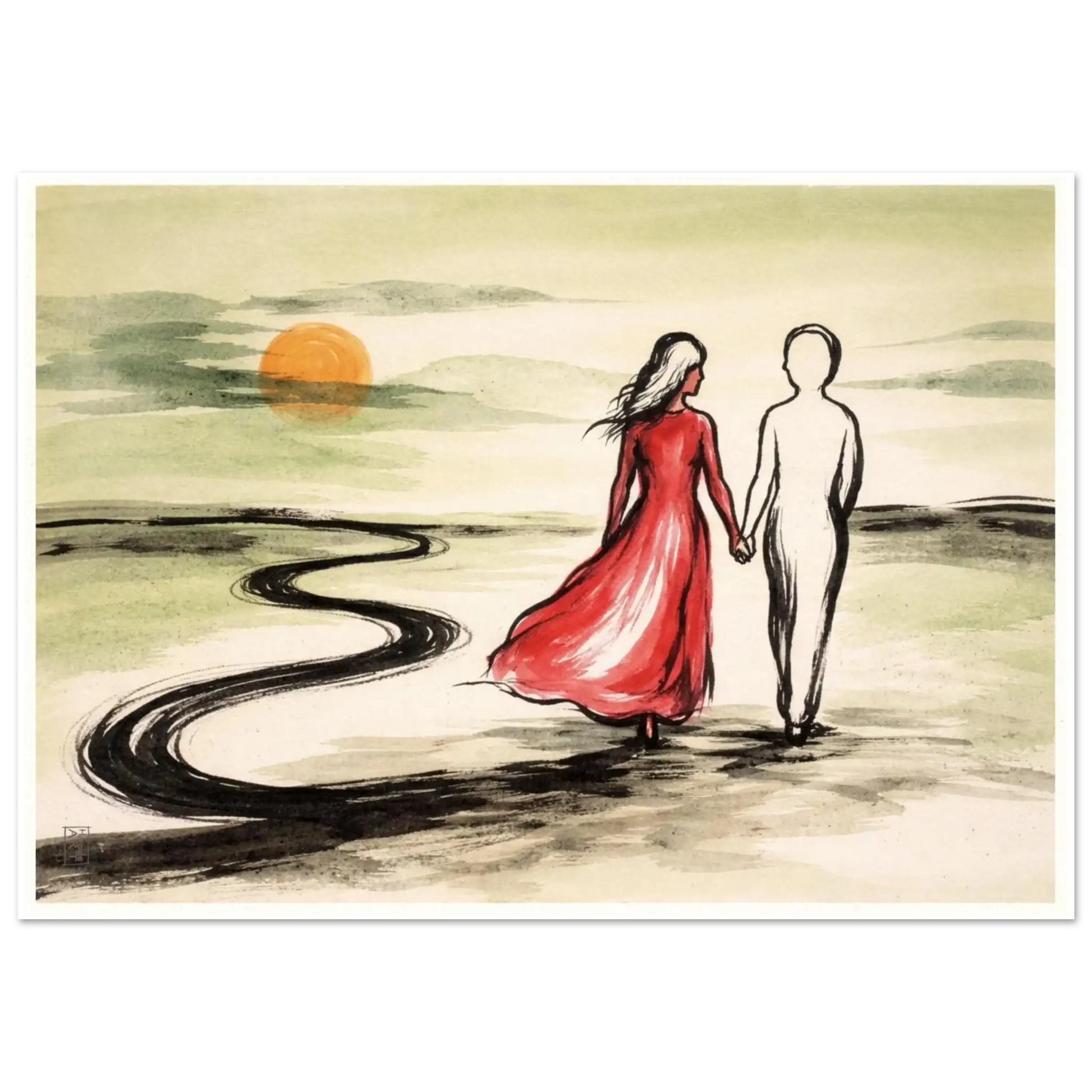 Walking together at sunset – romantisk akvarellprint med to figurer hånd i hånd mot gylden solnedgang, kunstprint av HareideART