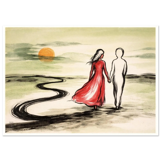 Walking together at sunset – romantisk akvarellprint med to figurer hånd i hånd mot gylden solnedgang, kunstprint av HareideART