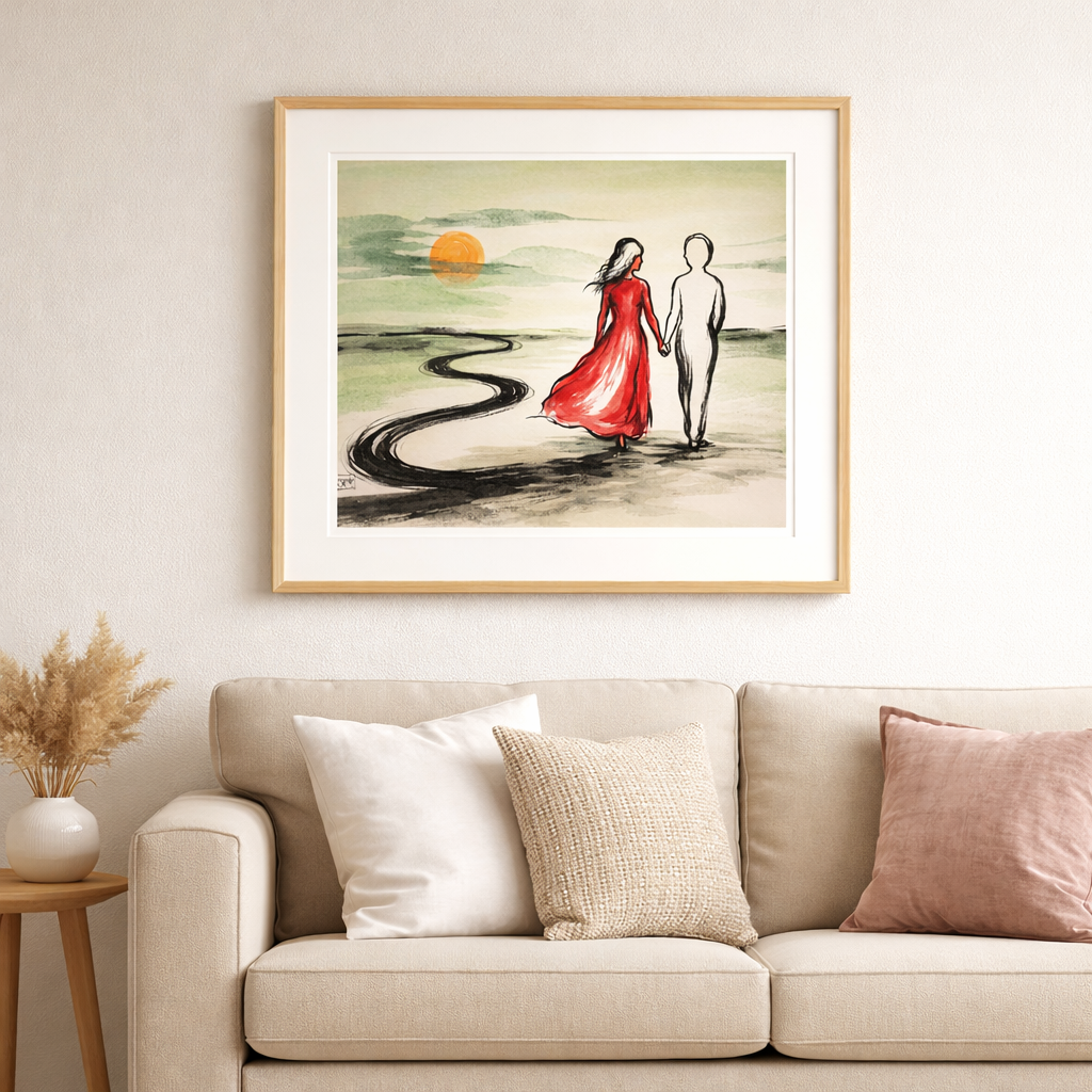 Abstrakt komposisjon med myke teksturer og balanserte farger – på lys vegg over sofa