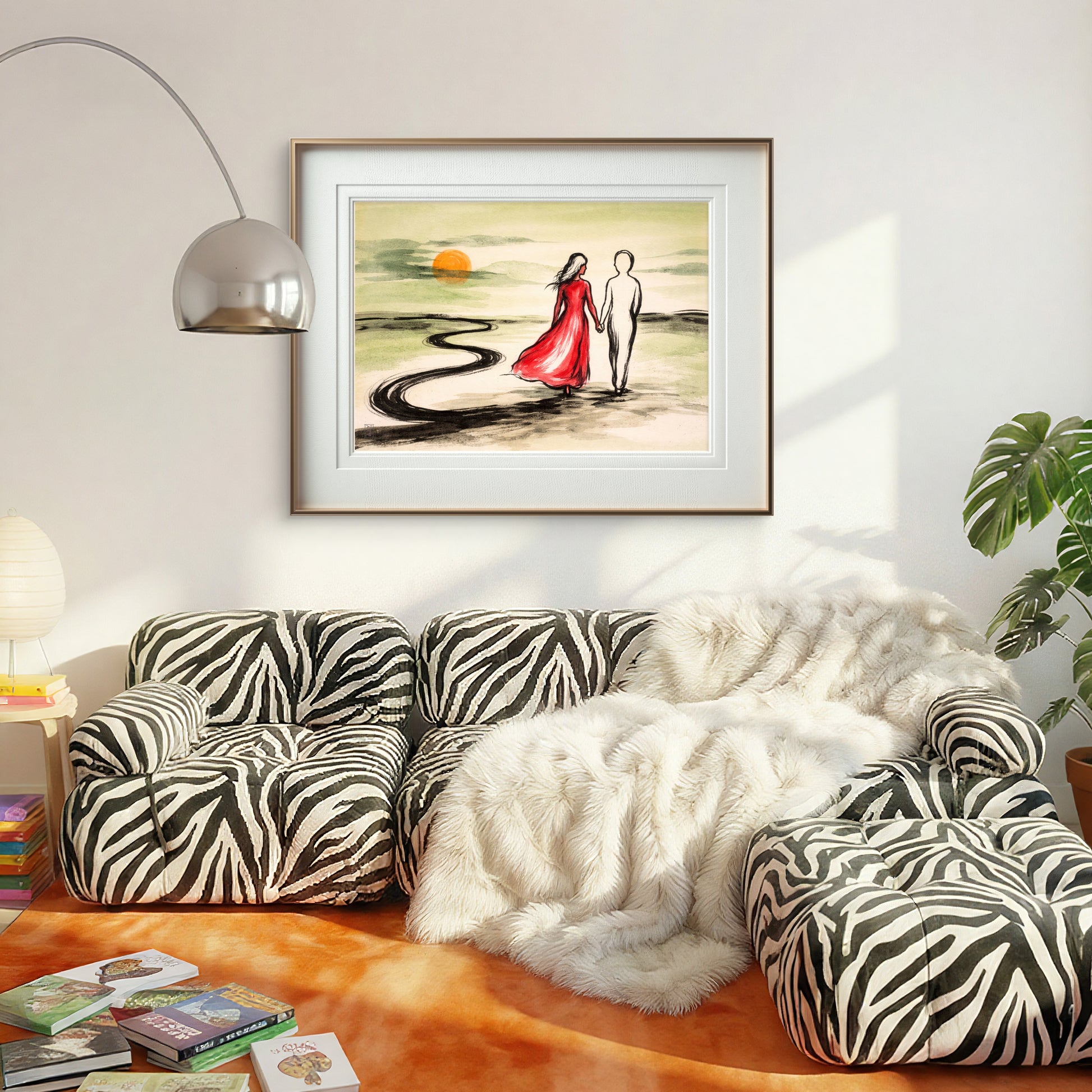 Abstrakt komposisjon med myke teksturer og balanserte farger – over sebra sofa