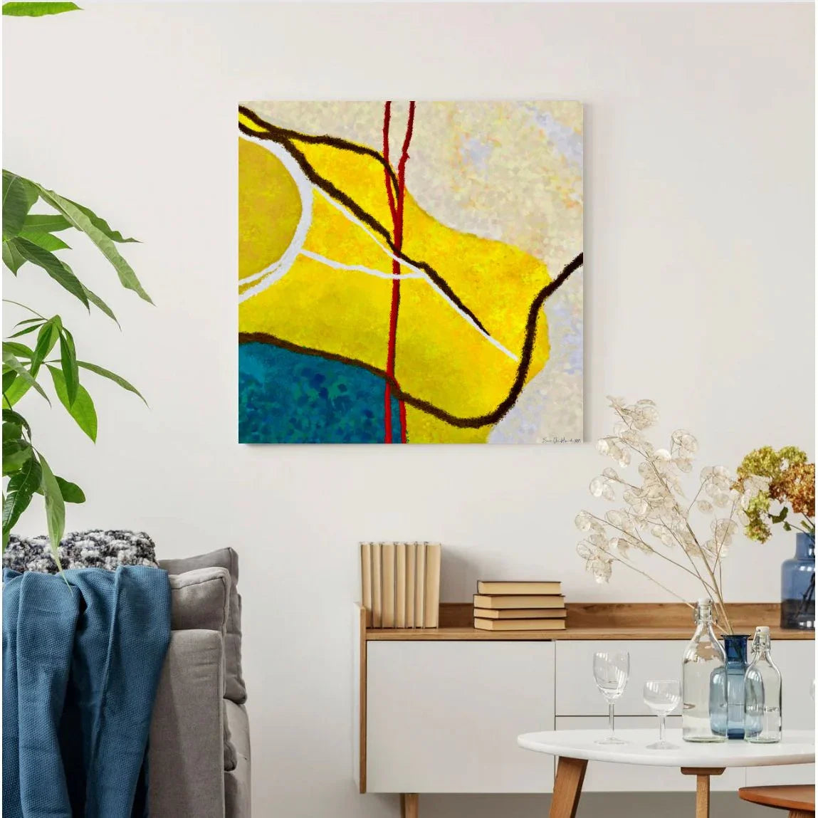 Yellow bricks – abstrakt komposisjon med gule geometriske former og varm energifull fargepalett, kunstprint av HareideART