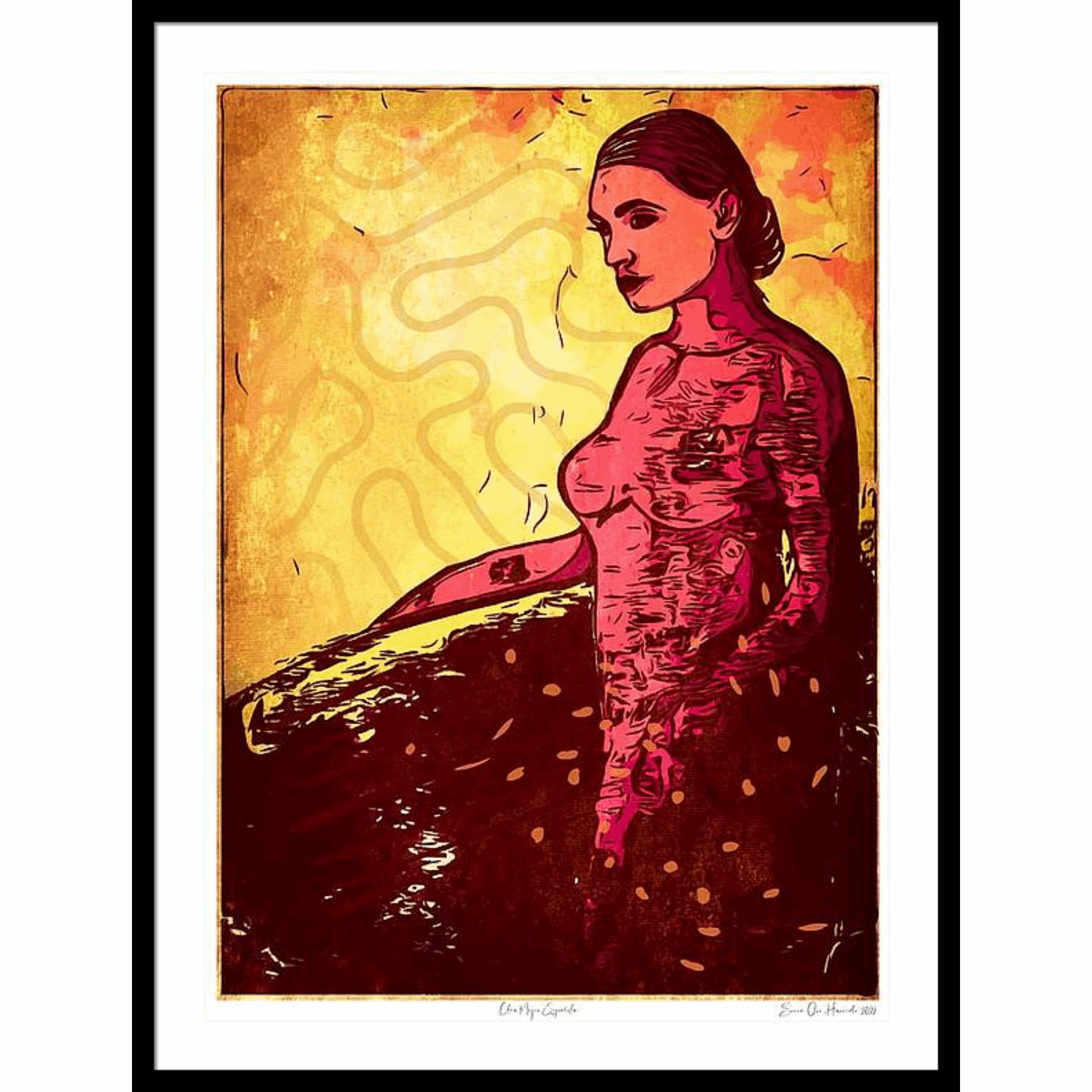 Spansk kvinne portrett – stemningsfull figurativ kunst med varme fargetoner og ekspressivt uttrykk, kunstprint av HareideART