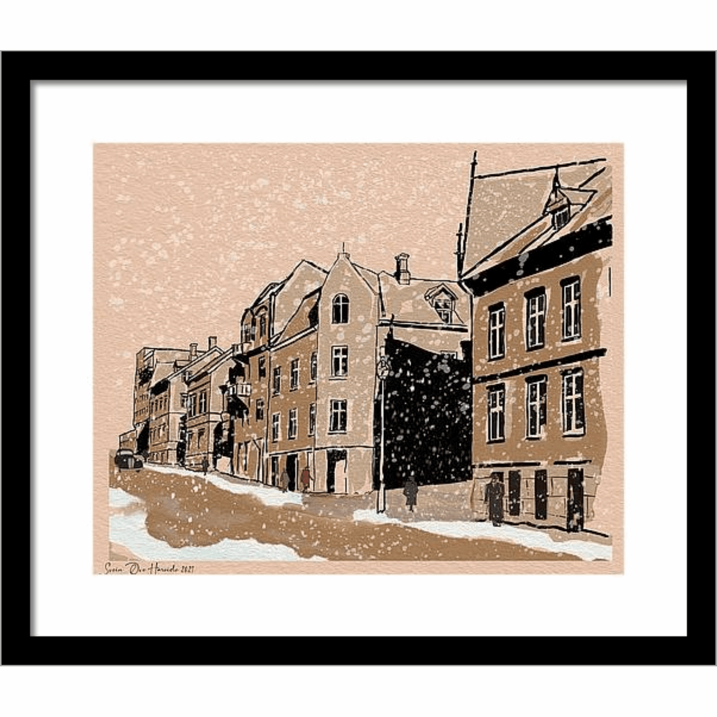 Gammelt bilde av Gate 1 Narvik i sort ramme – nostalgi fra østre sentrum med Grand Hotell i vintermotiv, kunstprint av HareideART