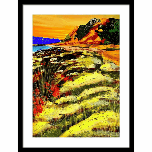 Haukland strand Lofoten – dramatisk kystlandskap med hvit sandstrand og mørke fjell, kunstprint av HareideART