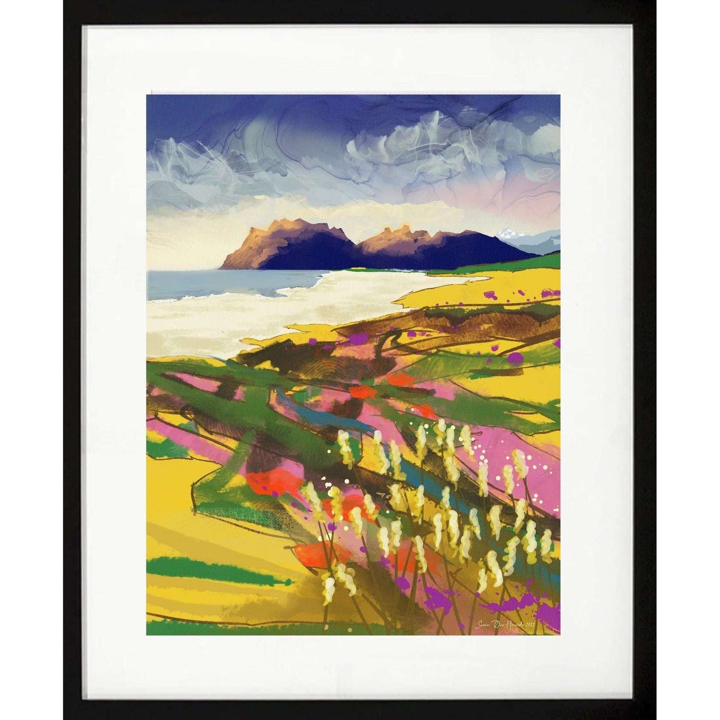 Hvite sandstrender på Vestvågøy møter dramatisk fjelllandskap – giclée kunstprint av HareideART