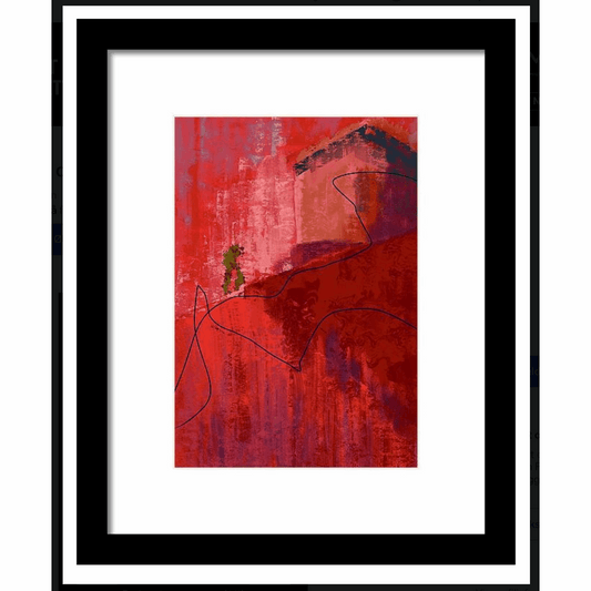 Red Art i sort ramme – energisk abstrakt kunstverk med intense røde nyanser og kraftfulle kontraster, giclée print av HareideART
