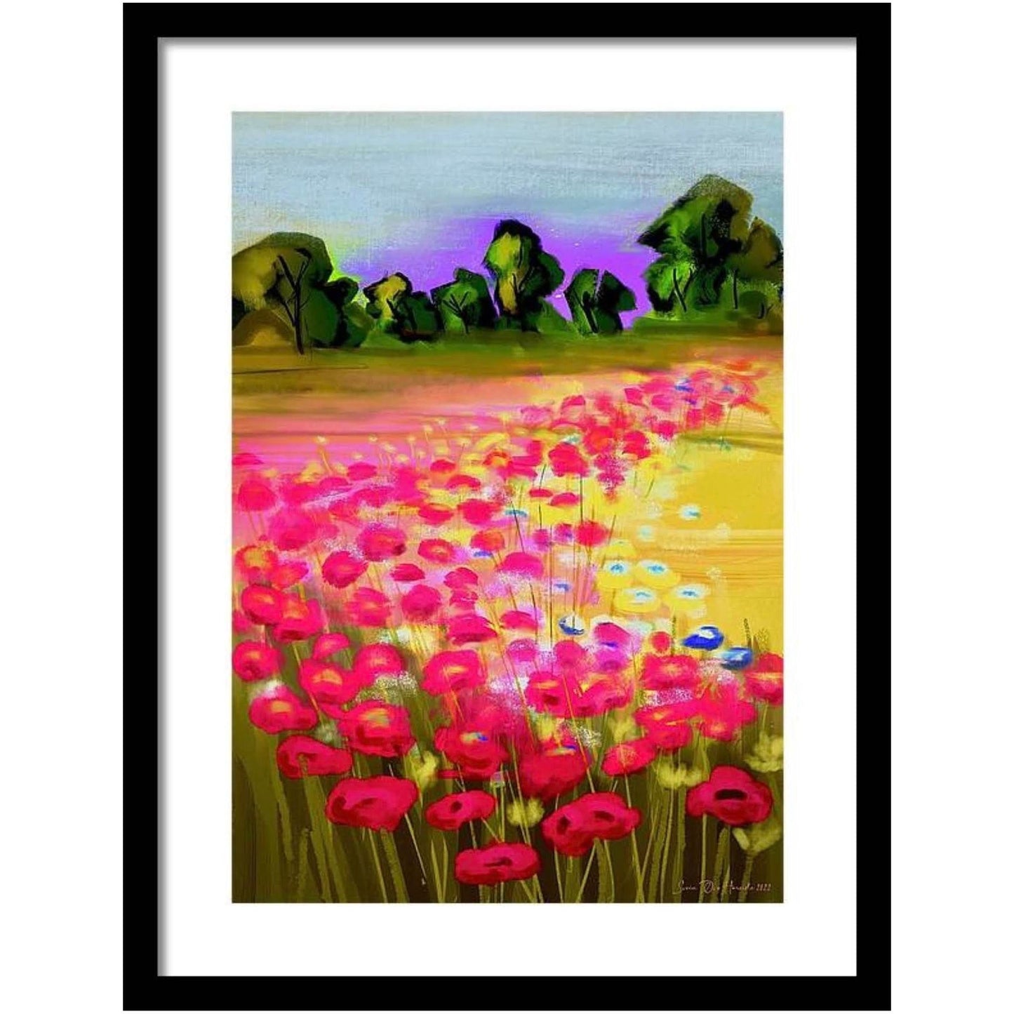 Abstrakt valmueeng med fargerik symfoni av røde, rosa og hvite blomster som danser i vinden – digitalt kunstprint av Svein Ove Hareide, HareideART