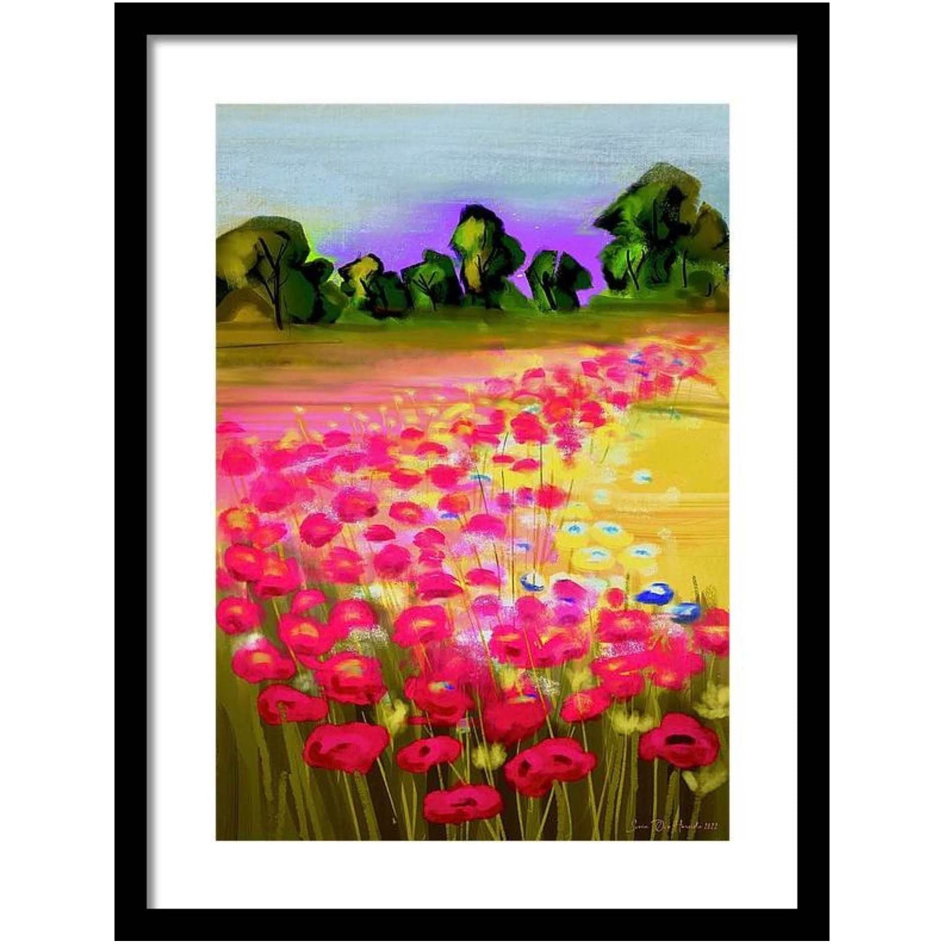 Abstrakt valmueeng med fargerik symfoni av røde, rosa og hvite blomster som danser i vinden – digitalt kunstprint av Svein Ove Hareide, HareideART