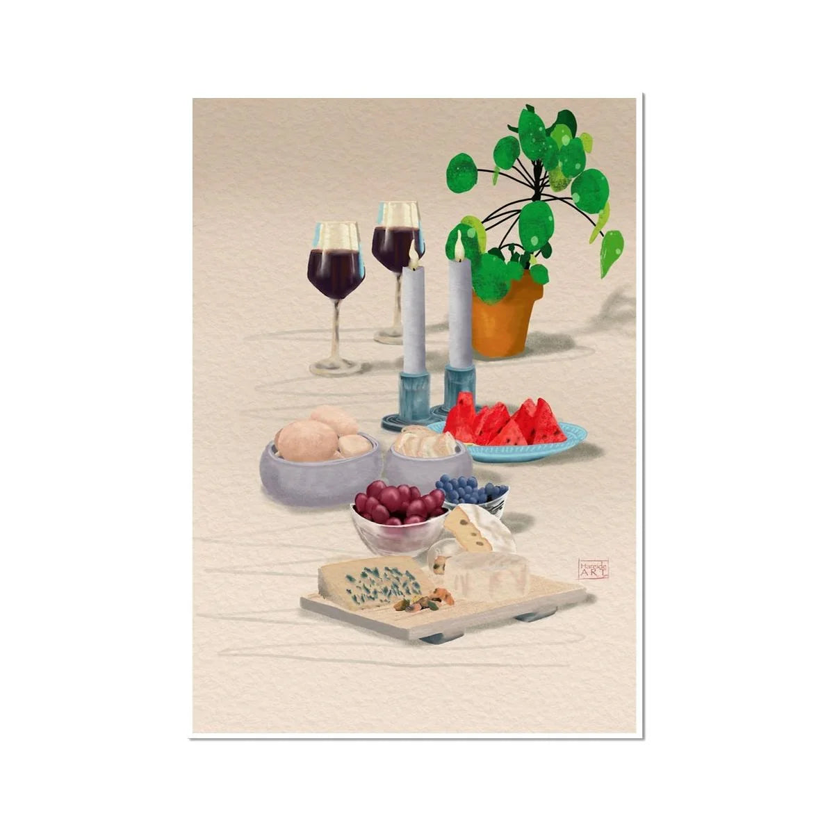 Good Appetite – middelhavsinspirert bord med ost, vin og frukt i varme farger, kunstprint for spisestuen av HareideART