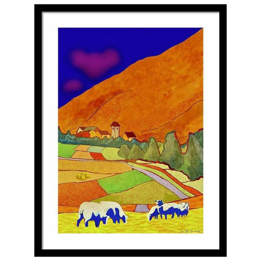 Abstrakt fargerikt spansk landsbymotiv med hvite hus og sydlandsk atmosfære – digitalt kunstprint i varm palett av Svein Ove Hareide, HareideART