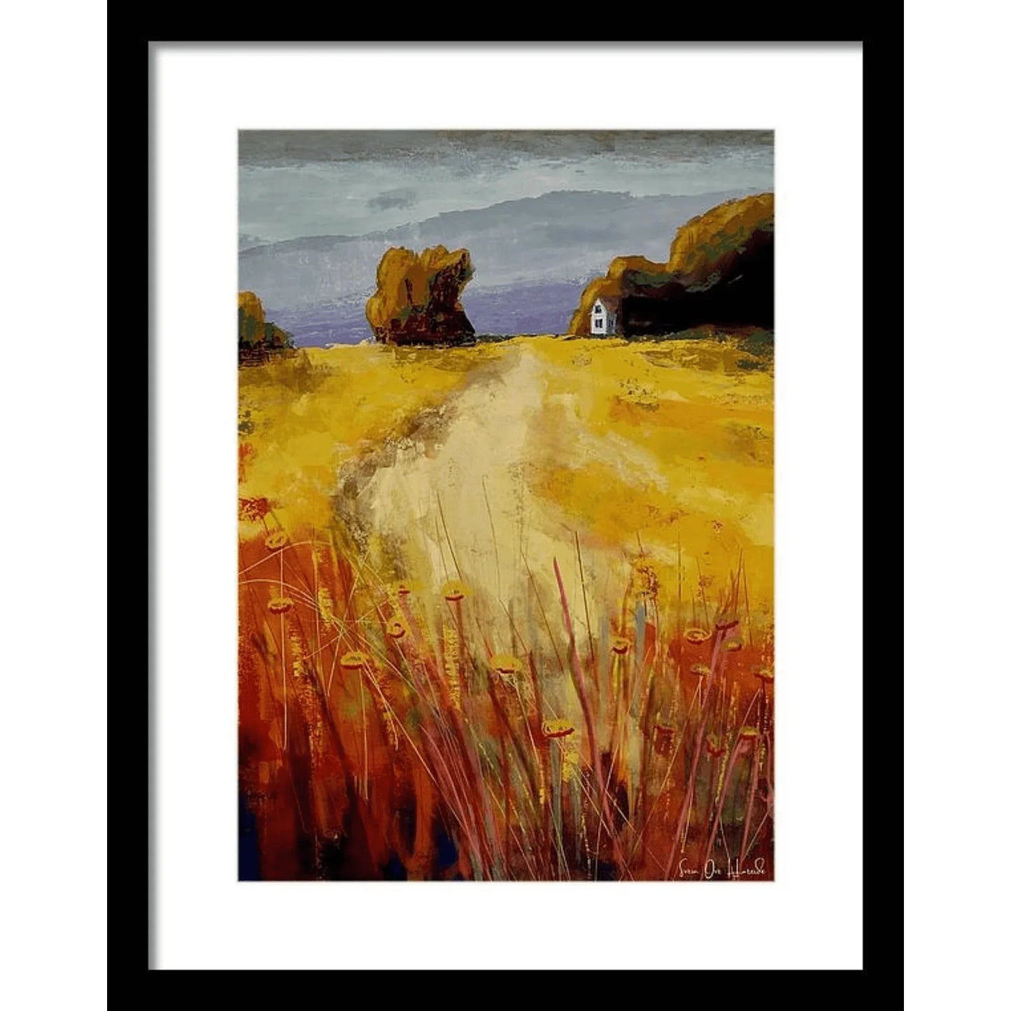 Sommerens siste pust – abstrakt sensommerkunst i sort ramme, giclée print av HareideART